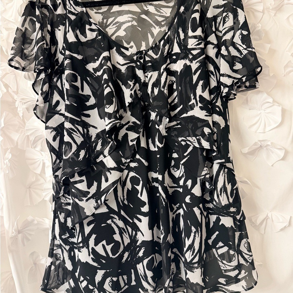 Calvin Klein Black Blouse Size 1X - Layered Chiffon Ruffle Blouse Top - Picture 10 of 12